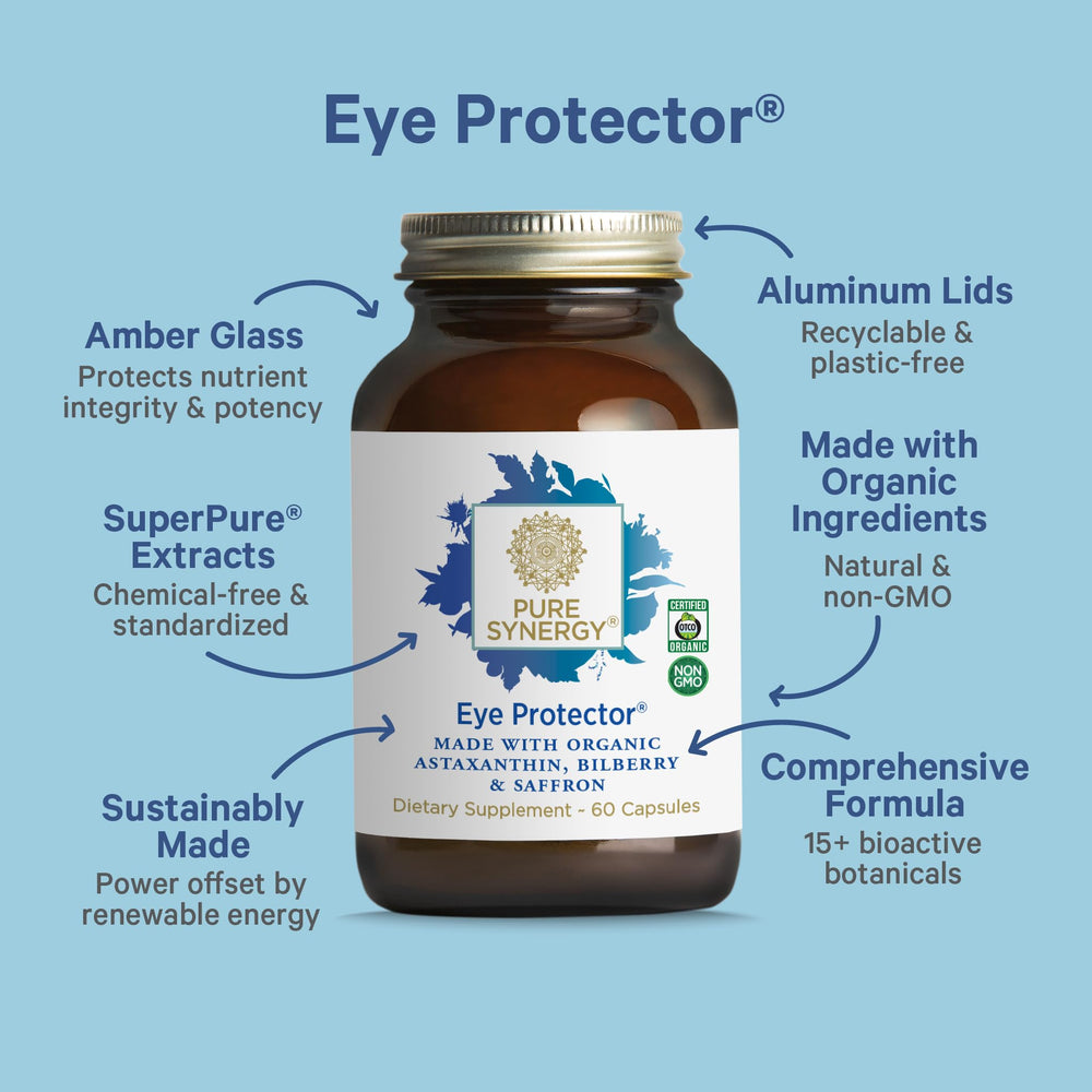 PURE SYNERGY Eye Protector label highlights organic, vegan, non GMO ingredients for daily use.
