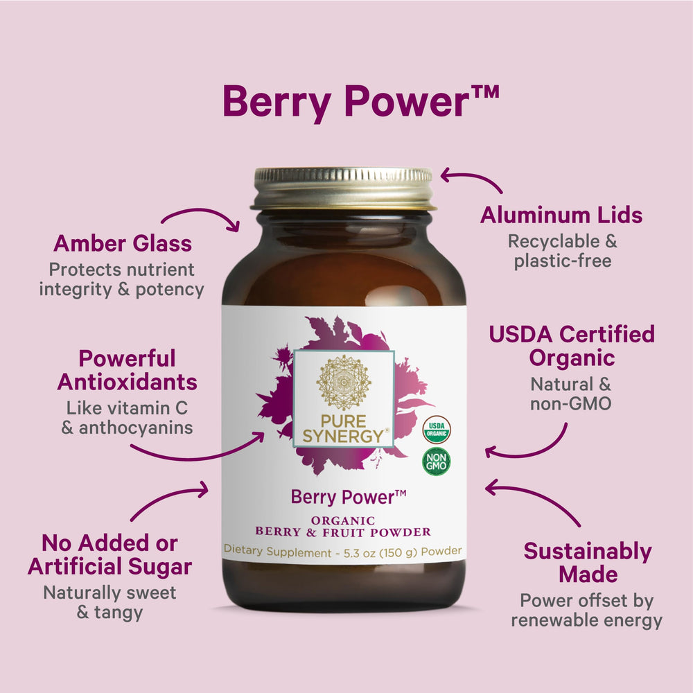 Pure Synergy Organic Berries closeup featuring acai, acerola, and wild blueberry