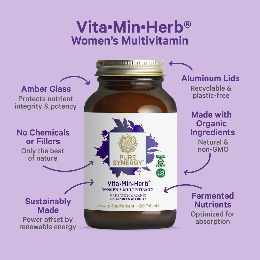 Pure Synergy Organic whole-food ingredients highlight plant-based nutrients for daily energy.
