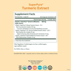 Pure Synergy SuperPure turmeric capsules closeup highlighting 500 mg curcuminoids for daily wellness.
