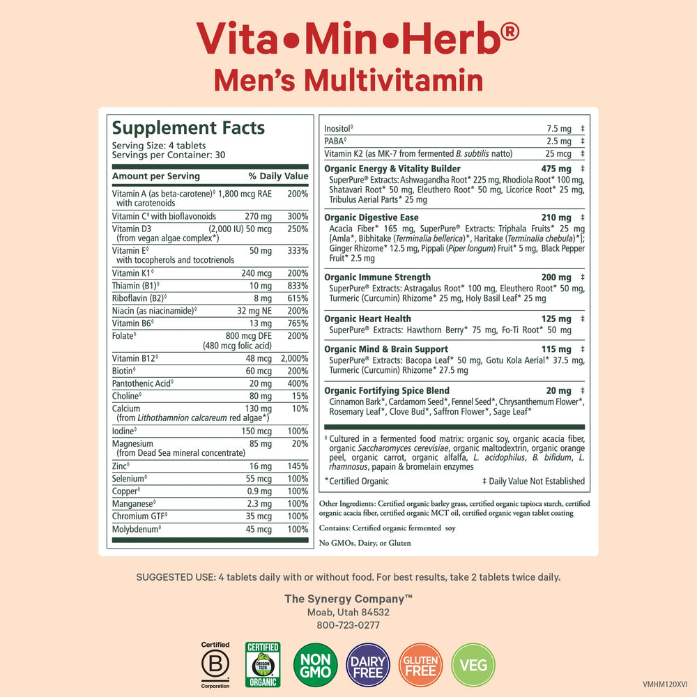 Closeup of Vita·Min·Herb packaging highlighting organic ingredients for daily support