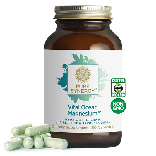 Pure Synergy Vital Ocean Magnesium bottle label featuring ocean minerals for daily energy