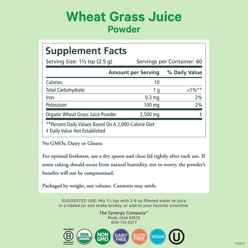 Pure Synergy wheat grass powder jar highlights raw organic greens for on-the-go use.