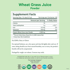 Pure Synergy wheat grass powder jar highlights raw organic greens for on-the-go use.