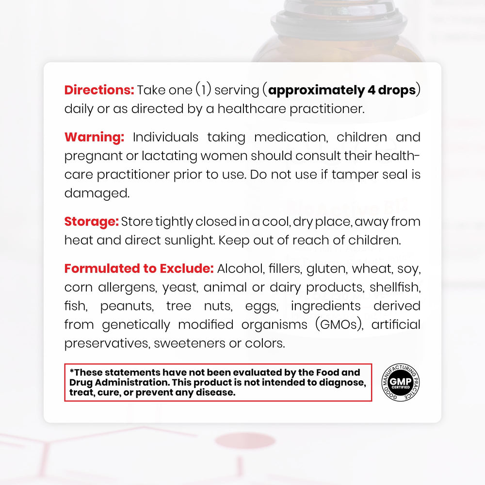 Closeup of Pure Therapo Rx B12 label noting non-GMO and USA-made quality.