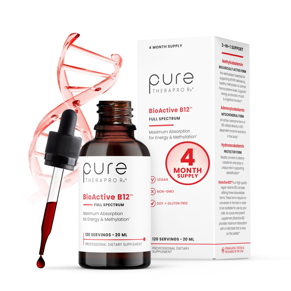 Pure Therapo Rx BioActive B12 liquid bottle front highlights vegan formula for energy support.