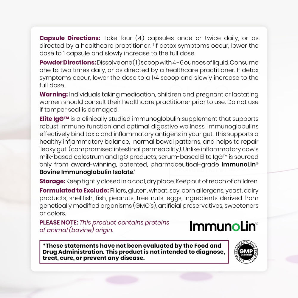 Close-up label on Pure Therapro Rx Elite IgG Immunolin highlights high IgG content