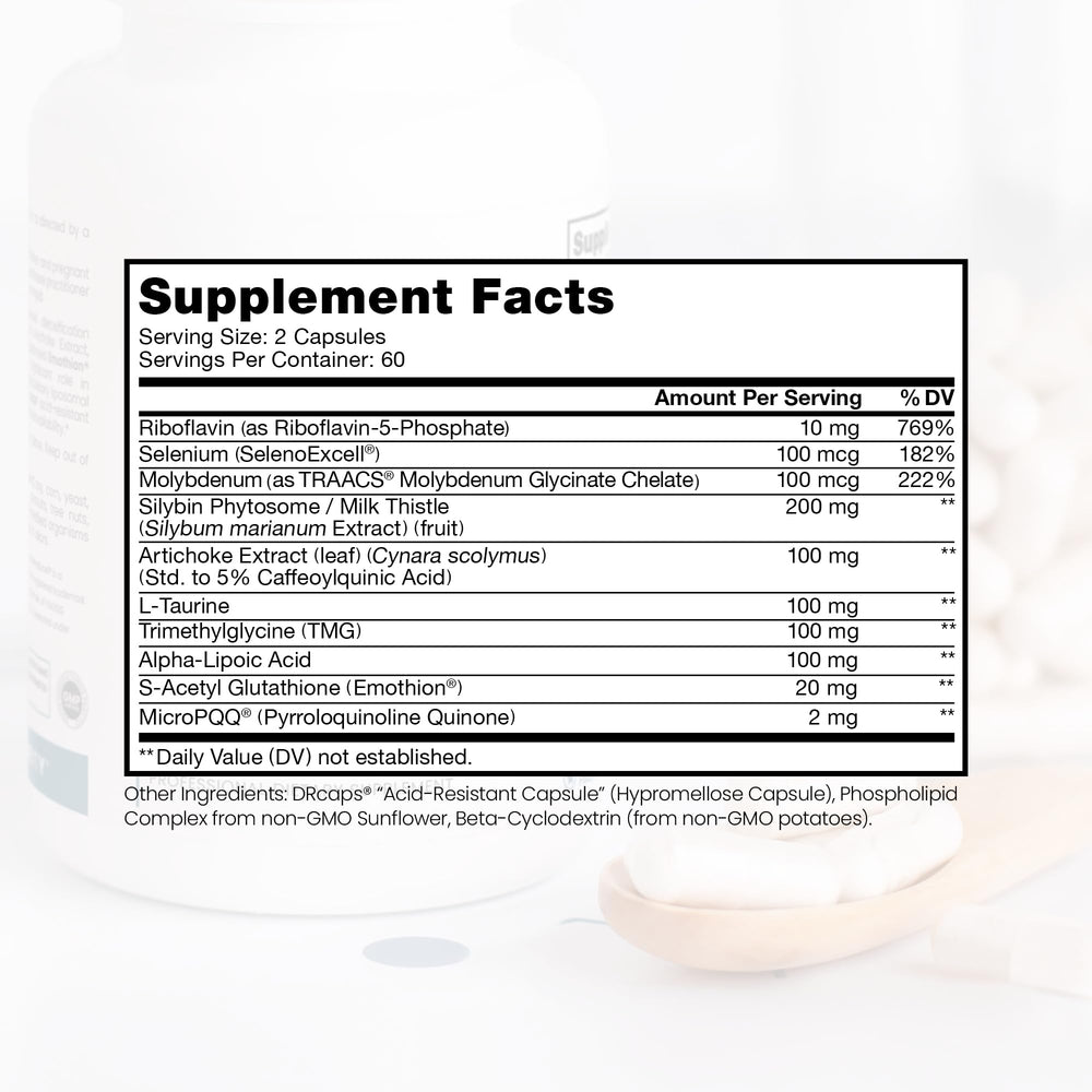 Liposomal Liver Detox capsules on blister pack highlighting acid-resistant design