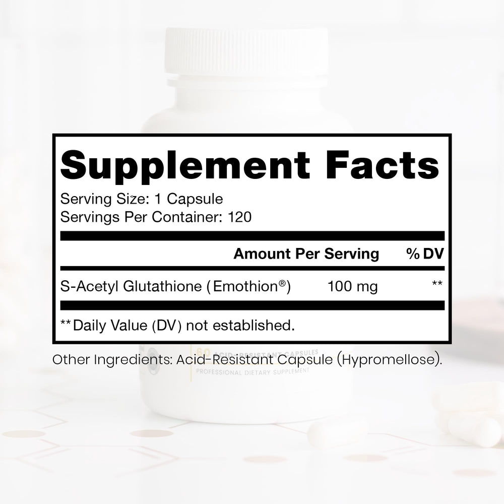 Pure Therapro Rx S-Acetyl Glutathione Gold capsule closeup highlighting potency