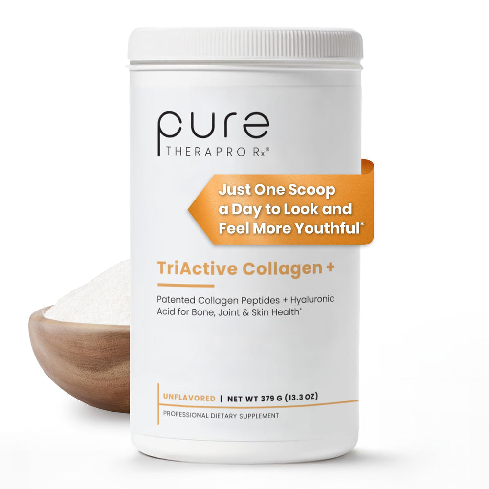 Pure Therapro Rx TriActive Collagen Plus powder in a jar supports hair, skin, and nails.