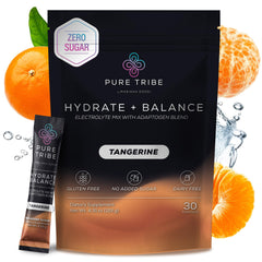 Pure Tribe Tangerine hydration packet closeup showing balanced electrolytes for daily energy
