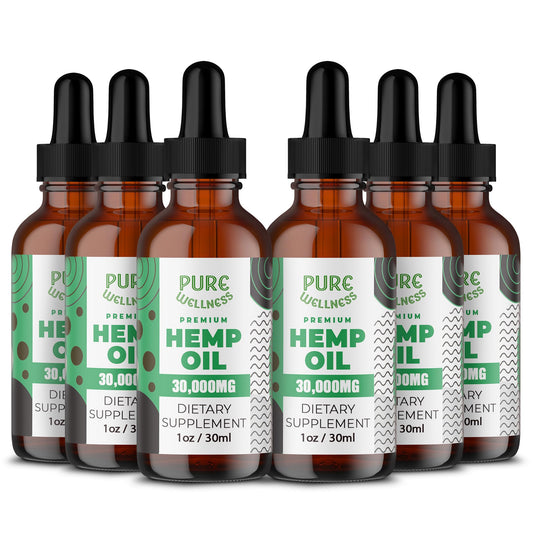 Pure Wellness hemp seed oil bottle pour highlights omega fatty acids for daily wellness
