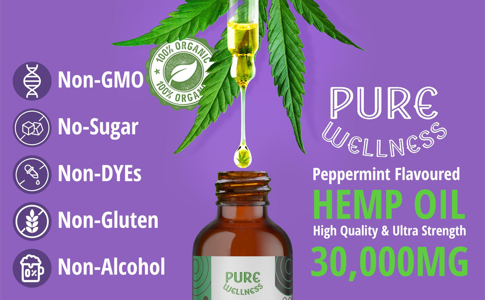 Pure Wellness hemp oil close-up with omega-3-6-9 information