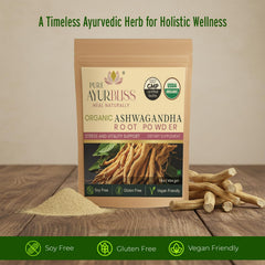 PureAyurbliss Ashwagandha powder jar label highlights organic quality and daily balance
