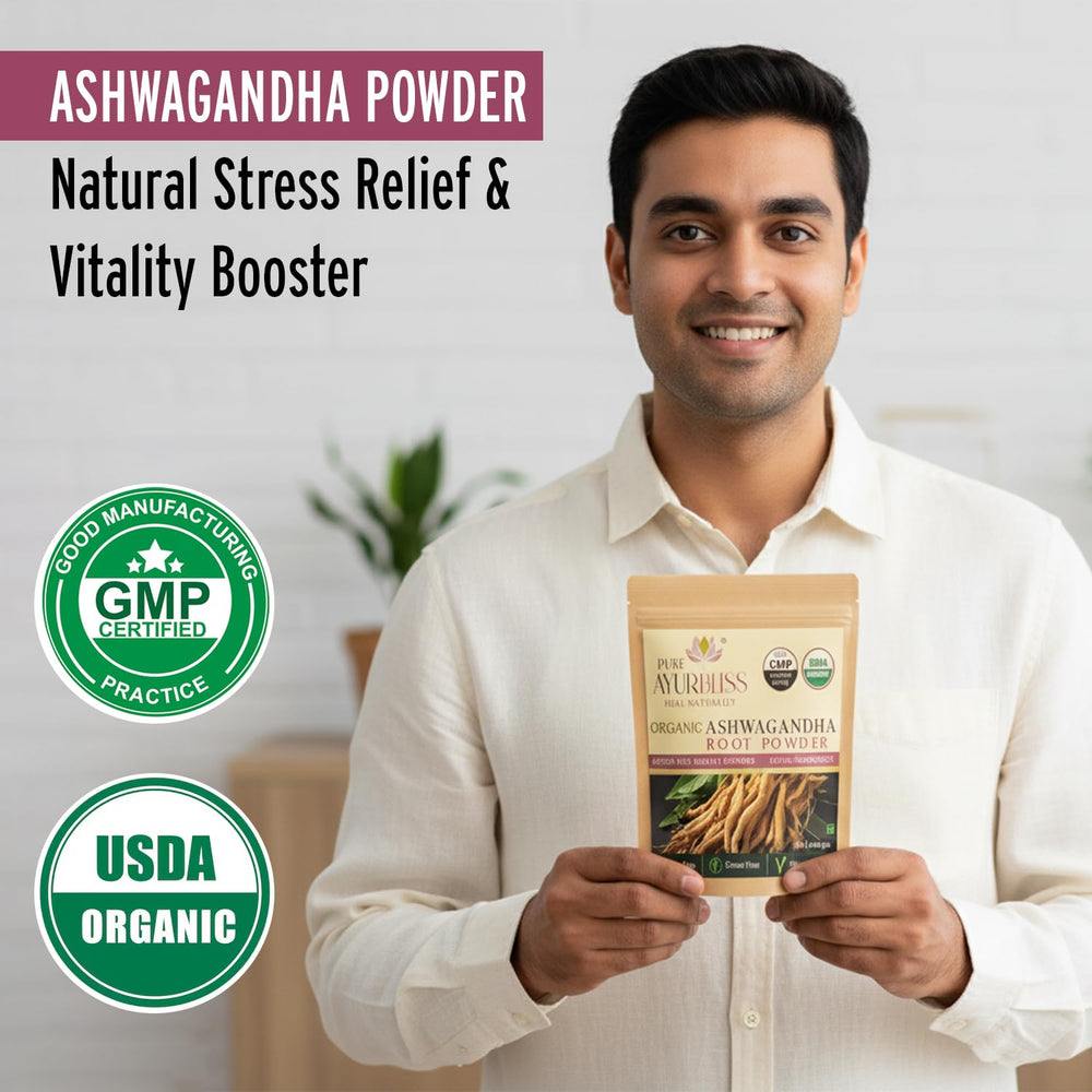 PureAyurbliss Ashwagandha powder scoop for easy daily use in drinks