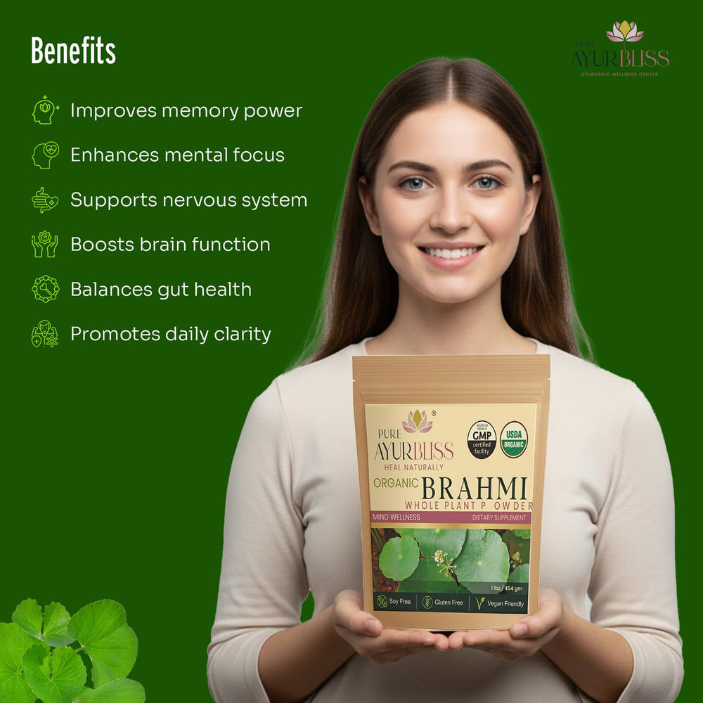 PureAyurbliss Brahmi powder in cup ready for routine.