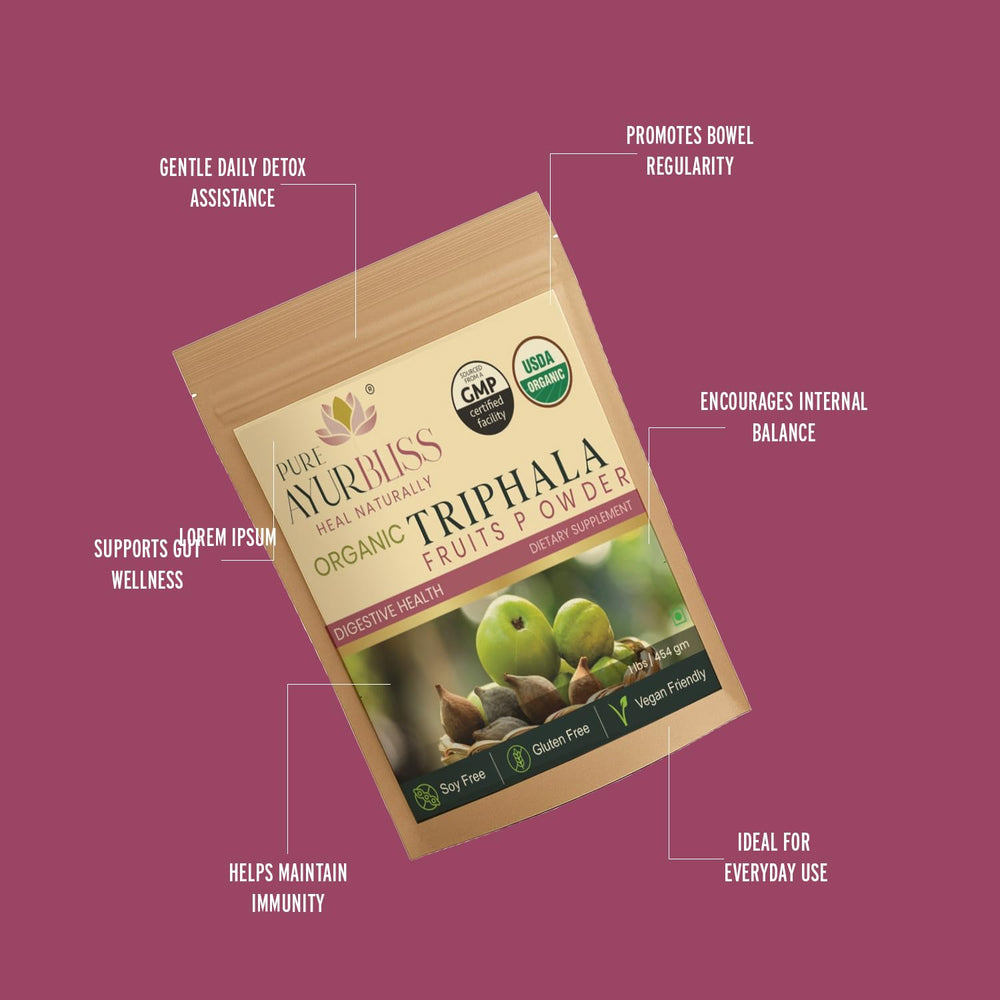 PureAyurbliss Triphala bottle label emphasizes Ayurvedic blend and vitamin C.