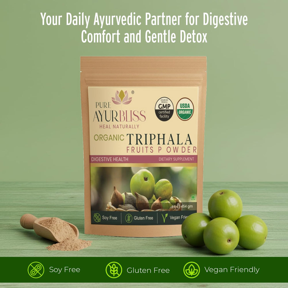 PureAyurbliss Triphala powder cap highlights easy daily use and dosage.