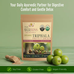 PureAyurbliss Triphala powder cap highlights easy daily use and dosage.