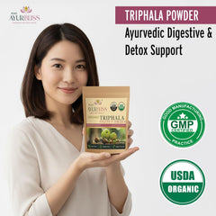 PureAyurbliss Triphala scoop beside bottle illustrates daily detox and gut balance.
