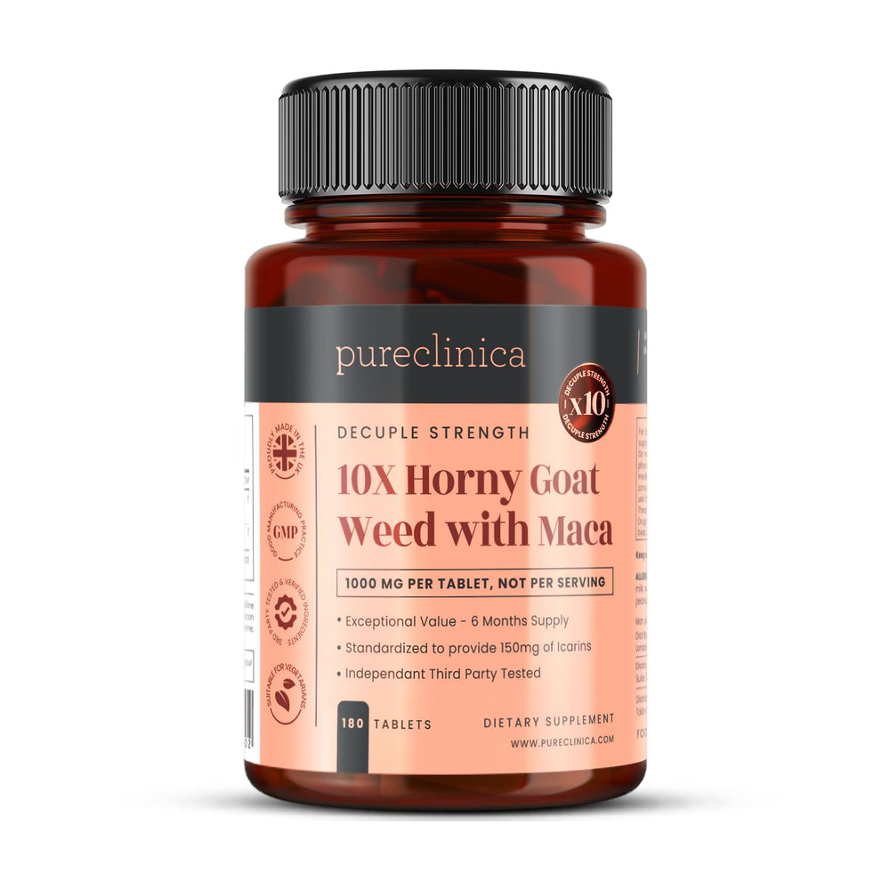 PureClinica 10X Horny Goat Weed Maca bottle front shows six-month supply for steady use.