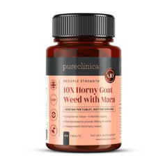 PureClinica 10X Horny Goat Weed Maca bottle front shows six-month supply for steady use.
