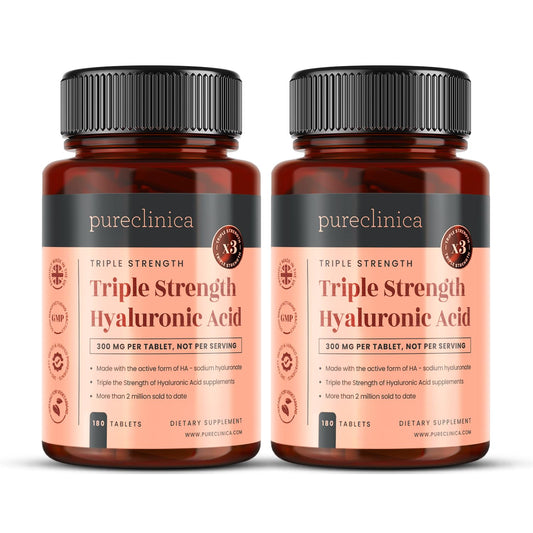 Pureclinica hyaluronic acid bottle showing potent daily hydration support.