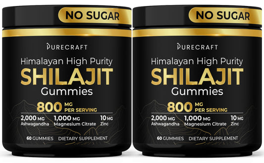 PURECRAFT Himalayan Shilajit Gummies pack shot highlights sugar-free, mineral-rich daily supplement.
