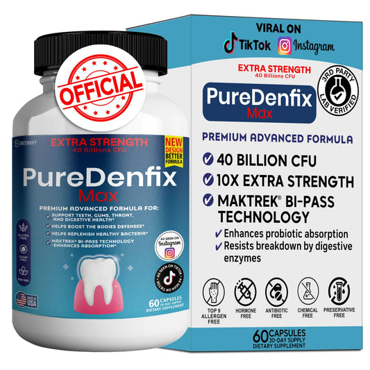 PureDenfix Max bottle of probiotic capsules for daily oral and digestive support.