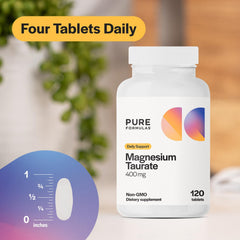 PureFormulas Magnesium Taurate 400 mg bottle in hand, convenient one-month supply.