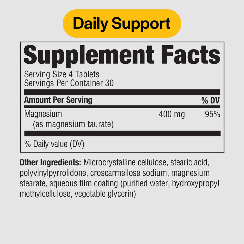 PureFormulas Magnesium Taurate 400 mg tablets close-up for daily cardio and relaxation.