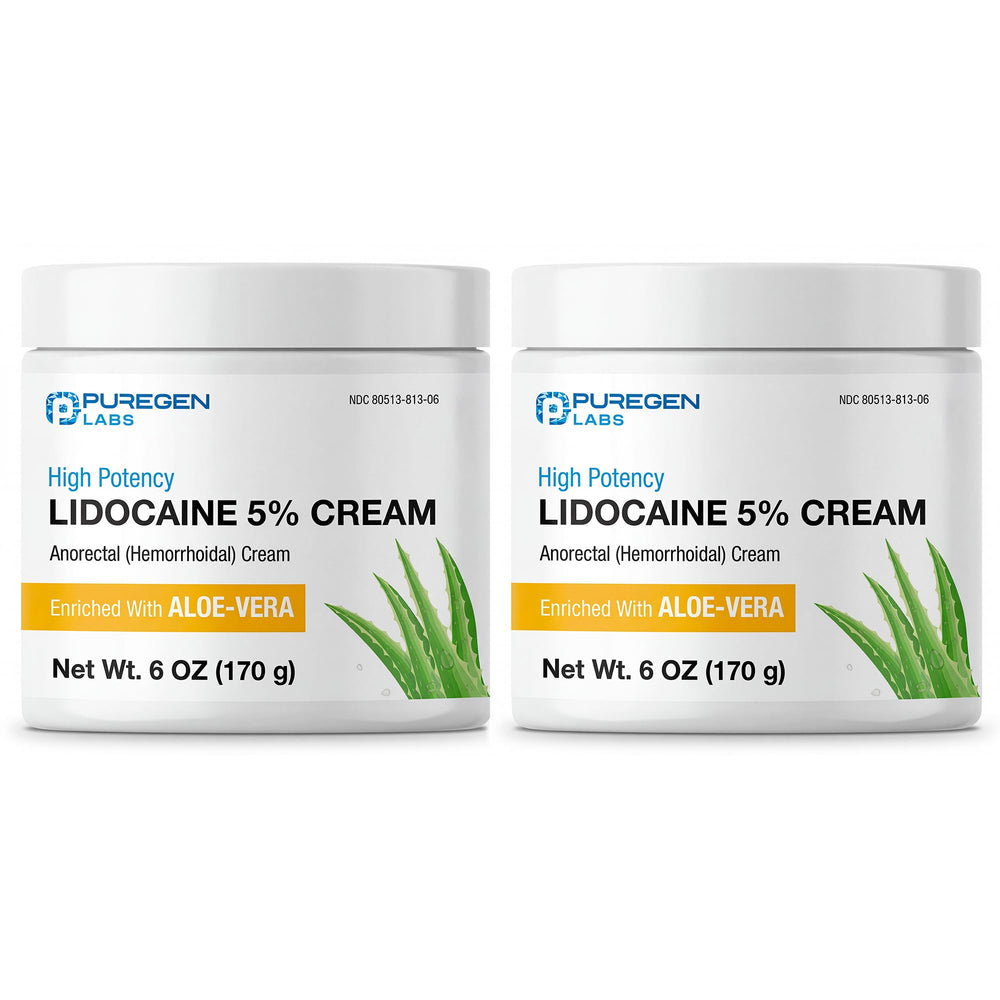 Puregen Labs 5% Lidocaine Cream tube front for quick relief.