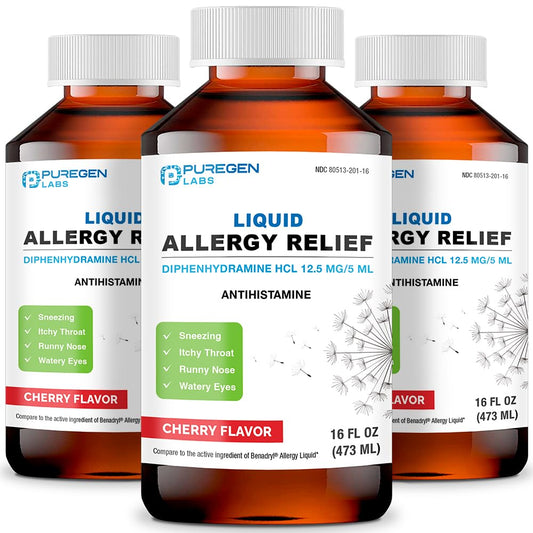 Puregen Labs Allergy Relief bottle in cherry flavor for home use
