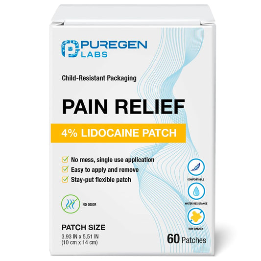 Puregen Labs Lidocaine 4% patch box for targeted pain relief.