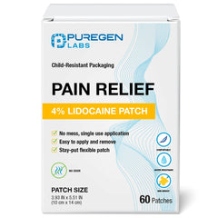 Puregen Labs Lidocaine 4% patch box for targeted pain relief.