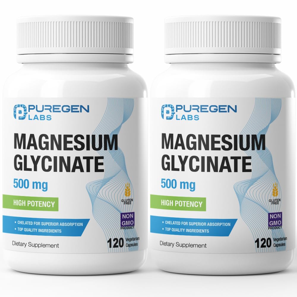 P Puregen Labs Magnesium Glycinate 500mg bottle supports daily wellness with high potency.