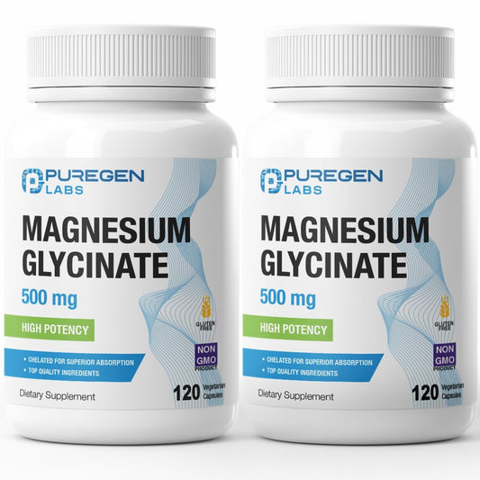 P Puregen Labs Magnesium Glycinate 500mg bottle supports daily wellness with high potency.