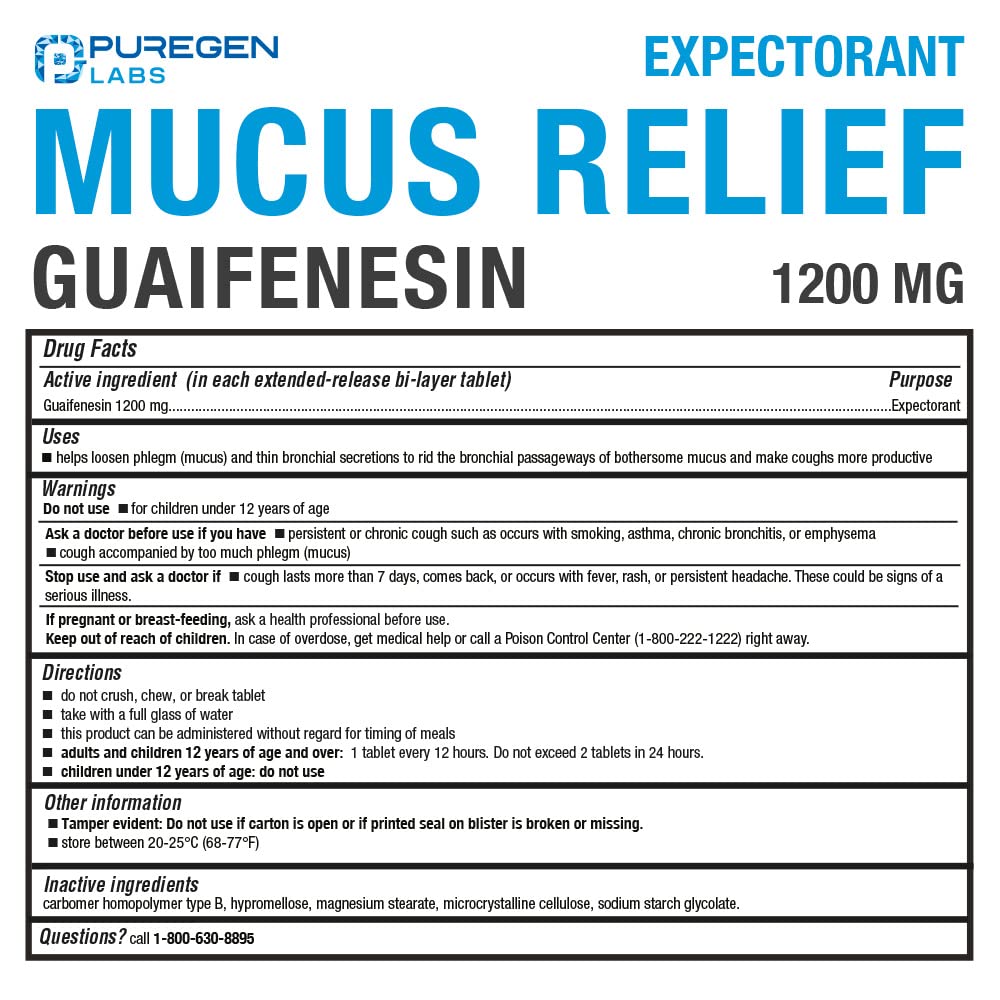 Puregen Labs Mucus Relief tablets close-up showing 1200mg guaifenesin.