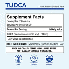 Puregen Labs Tudca bottle back label lists ingredients and non-GMO claim.