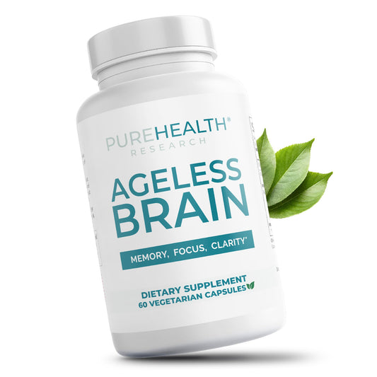 PureHealth Research Ageless Brain bottle and capsules for daily focus support.