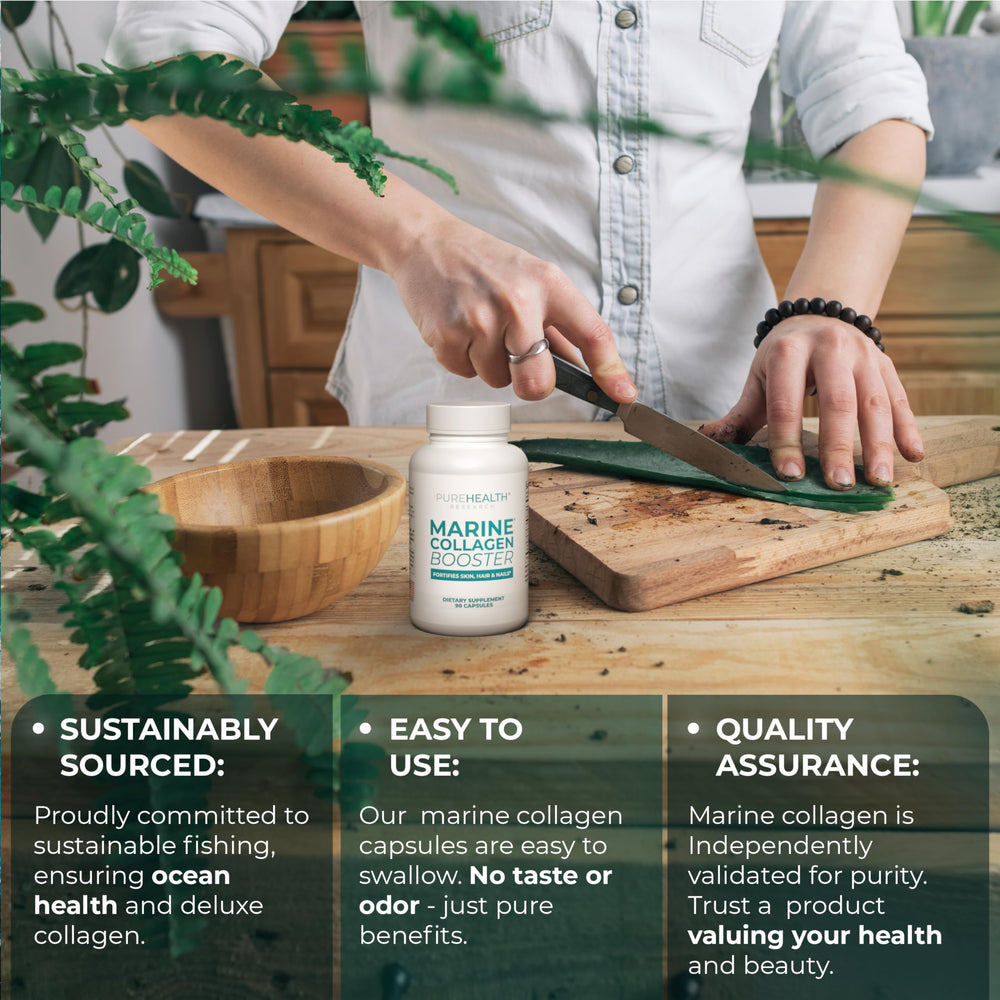 PUREHEALTH MARINE COLLAGEN vitamin-e capsules on tray highlight antioxidant support