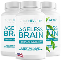 PureHealth Research Ageless Brain bottle front for daily focus support.