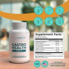 PUREHEALTH RESEARCH Gastro Health Formula capsules closeup, convenient daily use for reflux-friendly routines.
