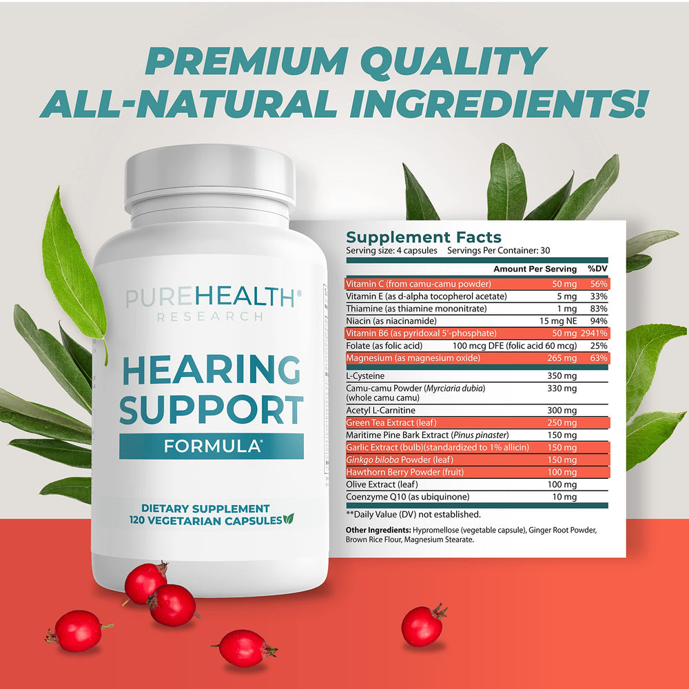 PureHealth Research Hearing Support ingredients chart with flavonoids and vitamins