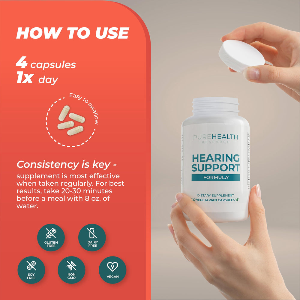 PureHealth Research Hearing Support packaging on a counter