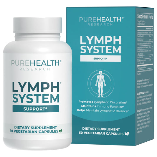 PureHealth Research Lymph System Supplement bottle front shows a potential drainage support.
