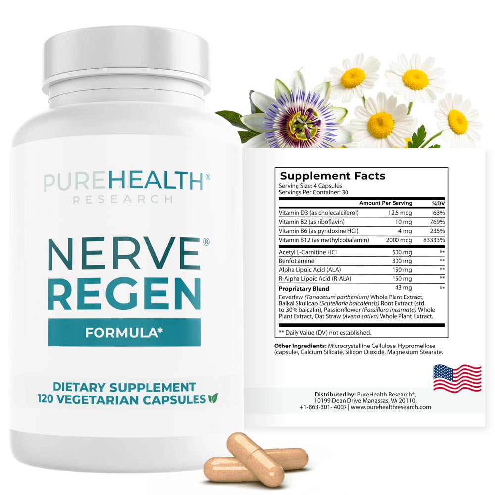 PUREHEALTH RESEARCH Nerve Regen Formula bottle front showing product name and purpose