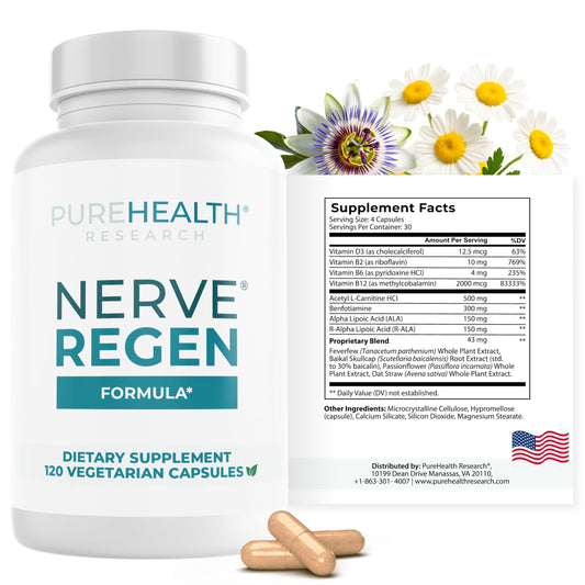 PUREHEALTH RESEARCH Nerve Regen Formula bottle front showing product name and purpose