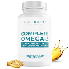 PUREHEALTH RESEARCH omega-3 bottle with 90 softgels for daily wellness support.