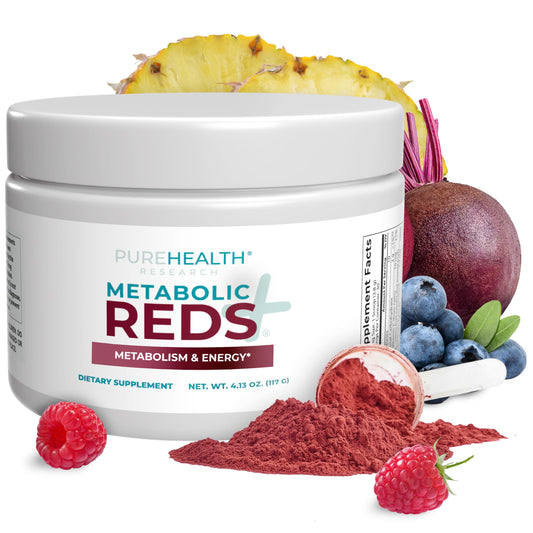 PUREHEALTH RESEARCH Reds powder in a tin label, highlighting a nutrient-dense base for daily vitality.